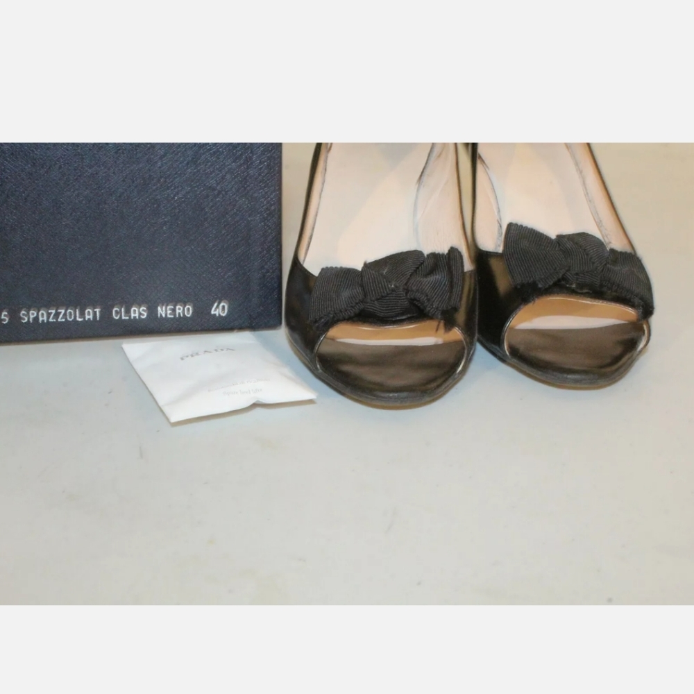 PRADA 1K9865 65 Spazzolato Clas Nero Heels pumps Shoes Size 40 open toe with bow - Picture 3 of 12
